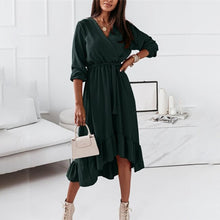 Load image into Gallery viewer, Fashion V Neck Long Sleeve Green Midi Dress Women 2021 Fall Clothes Casual Elegant Office Ladies Dresses For Woman Robe Femme