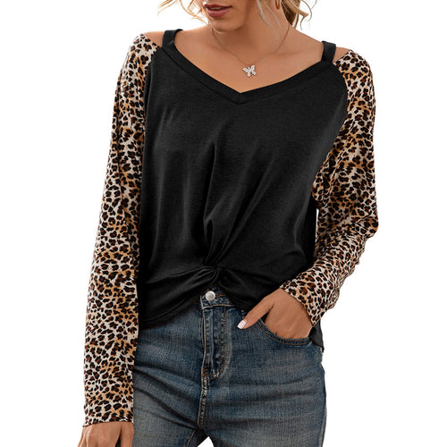Fashion Women Leopard T-Shirts Spring Autumn 2021 New Tees Female Sweatshirt Hollow Out Cold Shoulder Knot Hem Casual Mujer Tops