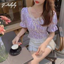 Load image into Gallery viewer, Floral Elegant Blouse Female Summer 2021 Purple Sweet Cute Korean Style Top Women Lace Slim High Street Casual Shirts Boho Print