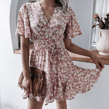 Load image into Gallery viewer, Floral Print Chiffon Dress 2022 Summer Short Sleeve Mini Dresses Girls Sexy V-neck Beach Dresses Short Dress Sundress Vestidos