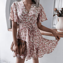 Load image into Gallery viewer, Floral Print Chiffon Dress 2022 Summer Short Sleeve Mini Dresses Girls Sexy V-neck Beach Dresses Short Dress Sundress Vestidos