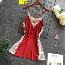 Load image into Gallery viewer, Flower Sleepwear Sexy Lace Lingerie Mini Dress Sexy Women Nightgown Deep V Women Clothing Silk Femme Sleepshirts