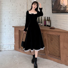Load image into Gallery viewer, French Lace Retro Dresses Square Collar Velvet Dress Women Autumn Winter Splice Long-Sleeve Dress Palace Plus Size Long Skirt