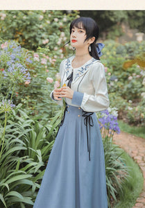 French Style Vintage Woman Dress Sweet Embroidery Peter Pan Collar Lantern Sleeve Bandage Mori Girl Dresses Vestidos Largos