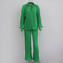 Load image into Gallery viewer, Green Women's Shirt Pleated Two Piece Set Loose High Waist Wide Leg Pants Suit 2022 Casual Elegant Office Ladies Female Outfits