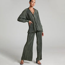 Load image into Gallery viewer, Green Women's Shirt Pleated Two Piece Set Loose High Waist Wide Leg Pants Suit 2022 Casual Elegant Office Ladies Female Outfits