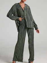 Load image into Gallery viewer, Green Women's Shirt Pleated Two Piece Set Loose High Waist Wide Leg Pants Suit 2022 Casual Elegant Office Ladies Female Outfits