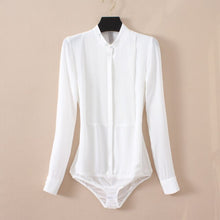 Load image into Gallery viewer, High Quality Women Chiffon Blouse Front Pleated Long Sleeve Bodysuit Office Ladies Shirts with Panties Solid Color Black Beige