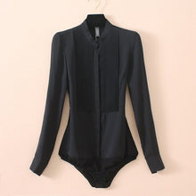 Load image into Gallery viewer, High Quality Women Chiffon Blouse Front Pleated Long Sleeve Bodysuit Office Ladies Shirts with Panties Solid Color Black Beige
