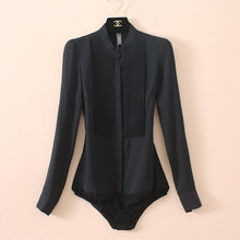 Load image into Gallery viewer, High Quality Women Chiffon Blouse Front Pleated Long Sleeve Bodysuit Office Ladies Shirts with Panties Solid Color Black Beige