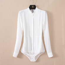 Load image into Gallery viewer, High Quality Women Chiffon Blouse Front Pleated Long Sleeve Bodysuit Office Ladies Shirts with Panties Solid Color Black Beige