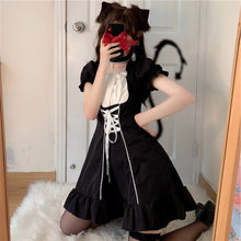 Load image into Gallery viewer, Japan Style Belt Bandage Lolita Dress Women 2022 Fashion Square Collar Puff Sleeve Kawaii Dresses Summer Slim Waist Vestidos