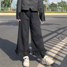 Load image into Gallery viewer, Japanese Sweet Ruffles Pants Cute Mori Girl Solid All Match Wide Leg Kawaii Trousers Women Simple Casual Loose Pantalones