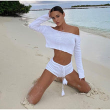 Load image into Gallery viewer, Knit Stripe Crop Top Shorts Sets Women Casual Long Sleeve Top Lace Up Shorts Female Suits 2023 Spring Summer Beach Lady Suit Hot