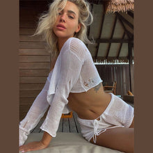 Load image into Gallery viewer, Knit Stripe Crop Top Shorts Sets Women Casual Long Sleeve Top Lace Up Shorts Female Suits 2023 Spring Summer Beach Lady Suit Hot
