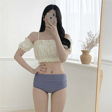 Load image into Gallery viewer, Korea Short Sleeve Swimsuit High Waisted Bikini Set Padded Swimwear Hollow Out BandeauTwo Piece Bathsuit Pleated Ruffle Biquinis