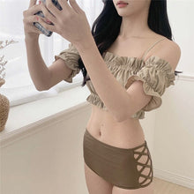 Load image into Gallery viewer, Korea Short Sleeve Swimsuit High Waisted Bikini Set Padded Swimwear Hollow Out BandeauTwo Piece Bathsuit Pleated Ruffle Biquinis