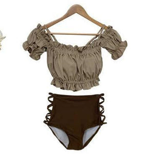 Korea Short Sleeve Swimsuit High Waisted Bikini Set Padded Swimwear Hollow Out BandeauTwo Piece Bathsuit Pleated Ruffle Biquinis