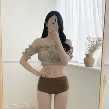 Load image into Gallery viewer, Korea Short Sleeve Swimsuit High Waisted Bikini Set Padded Swimwear Hollow Out BandeauTwo Piece Bathsuit Pleated Ruffle Biquinis