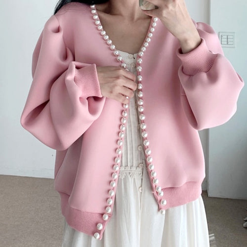 Korean Chic Autumn Sweet Pearl Lace Design Coat Women Loose Puff Sleeve Short Jacket Women Simple All Match Casual Women Tops