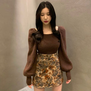 Korean Chic Early Autumn Slim Knit Pullovers Women French Retro Lantern Sleeve Elegant Knitted Tops Casual Fashion Sweaters