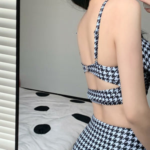 Korean Style Sexy Backless Two Pieces Women Bikini Set Plaid Push Up Swimsuit Beach Summer Bandage Swimwear 2022