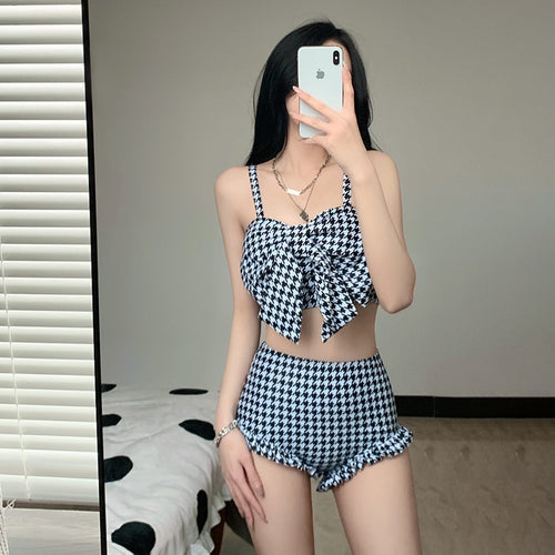 Korean Style Sexy Backless Two Pieces Women Bikini Set Plaid Push Up Swimsuit Beach Summer Bandage Swimwear 2022