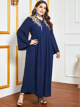 Load image into Gallery viewer, Ladies Oversized Golden Embroidery V-neck Stitching Fashion And Elegant Muslim Dark Blue Long Skirt Ramadan Dress For Eid