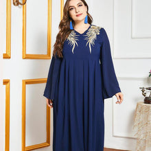 Load image into Gallery viewer, Ladies Oversized Golden Embroidery V-neck Stitching Fashion And Elegant Muslim Dark Blue Long Skirt Ramadan Dress For Eid