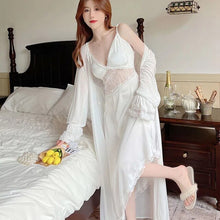 Load image into Gallery viewer, Ladies Pajamas Sexy Nightdress Long Sleeve Lace Edge Robe Sexy Women'S Nightwear New Hollow Design Sling Sleepwear 2 Piece Set