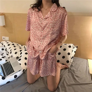 Leopard-Print Pajamas Women&#39;S 2 Piece Set Summer Clothes For Women Silk Short-Sleeved Shorts Thin Satin Home Dress Pantsuits