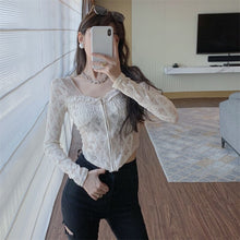 Load image into Gallery viewer, Long Sleeve Lace Patchwork Blouse Women Blouse Zipper Sexy Square Collar Slim Elegant Shirts Autumn Casual Crop Tops Fairycore