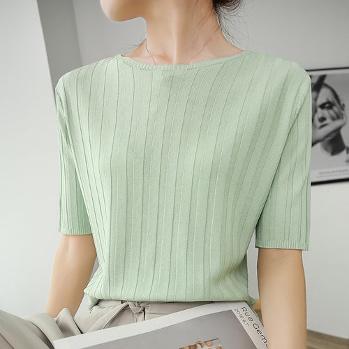 Loose Tops Women Summer Solid Casual O Neck Short Sleeve Female Pullover Knitwear Elegant Chic Sweet Basic Girls Sweater Tees