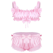 Load image into Gallery viewer, Men Satin Lingerie Exotic Sets Sissy Nightwear Shoulder Straps Wire-free Bra Tops with Floral Lace Hem Briefs Thongs Clubwear