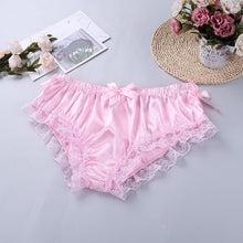 Load image into Gallery viewer, Men Satin Lingerie Exotic Sets Sissy Nightwear Shoulder Straps Wire-free Bra Tops with Floral Lace Hem Briefs Thongs Clubwear