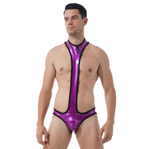 Mens Erotic Jumpsuits O Ring Patent Leather One-piece Bodysuit Round Neck Bulge Pouch Open Butt Leotard Club Stage Show Costume