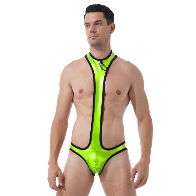 Mens Erotic Jumpsuits O Ring Patent Leather One-piece Bodysuit Round Neck Bulge Pouch Open Butt Leotard Club Stage Show Costume