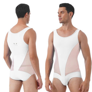 Mens Erotic Jumpsuits Semi-see through Sheer Mesh Patchwork Wrestling Sport Bodysuit Sleeveless Bulge Pouch Leatord Swimsuit