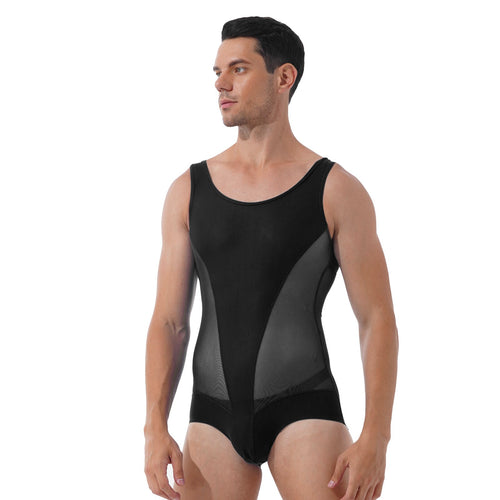 Mens Erotic Jumpsuits Semi-see through Sheer Mesh Patchwork Wrestling Sport Bodysuit Sleeveless Bulge Pouch Leatord Swimsuit