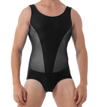 Load image into Gallery viewer, Mens Erotic Jumpsuits Semi-see through Sheer Mesh Patchwork Wrestling Sport Bodysuit Sleeveless Bulge Pouch Leatord Swimsuit