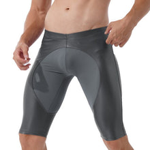 Load image into Gallery viewer, Mens Exercise Workout Fitness Sportswear Faux Leather Patchwork Undershorts Surfing Swimming Trunks Athletic Skinny Short Pants