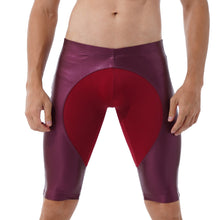 Load image into Gallery viewer, Mens Exercise Workout Fitness Sportswear Faux Leather Patchwork Undershorts Surfing Swimming Trunks Athletic Skinny Short Pants