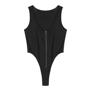 Mens Fitness Exercise Sportswear Solid Color Sleeveless Zipper Front Bodysuit Nightwear Casual U Neck High Cut Jumpsuits Leotard