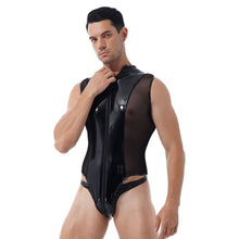 Load image into Gallery viewer, Mens Shiny Metallic Patent Leather Jumpsuits Sheer Mesh Splice Lingerie Sleeveless Double Zipper High Cut Thong Leotard Bodysuit