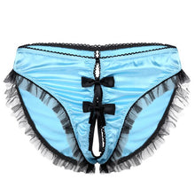 Load image into Gallery viewer, Mens Sissy Lace Exotic Lingerie Panties with Crotchless Thong Briefs Mesh Ruffles Trim Bowknot Underwear Low Rise Underpants