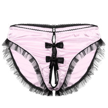 Load image into Gallery viewer, Mens Sissy Lace Exotic Lingerie Panties with Crotchless Thong Briefs Mesh Ruffles Trim Bowknot Underwear Low Rise Underpants