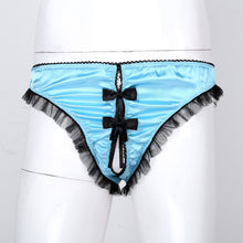 Load image into Gallery viewer, Mens Sissy Lace Exotic Lingerie Panties with Crotchless Thong Briefs Mesh Ruffles Trim Bowknot Underwear Low Rise Underpants