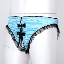 Load image into Gallery viewer, Mens Sissy Lace Exotic Lingerie Panties with Crotchless Thong Briefs Mesh Ruffles Trim Bowknot Underwear Low Rise Underpants