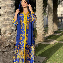 Load image into Gallery viewer, Middle East Arab Women&#39;s Muslim Satin Robe Southeast Asia Middle East Blue Fashion Printed Dress For Eid Without Turban