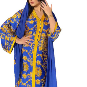 Middle East Arab Women's Muslim Satin Robe Southeast Asia Middle East Blue Fashion Printed Dress For Eid Without Turban